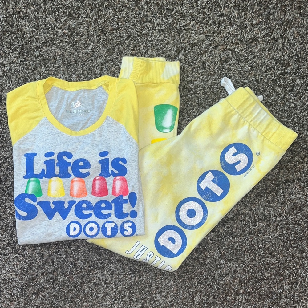 Justice Active 2 Piece Casual Set, Candy Dots Sweats and T-shirt, Size Large